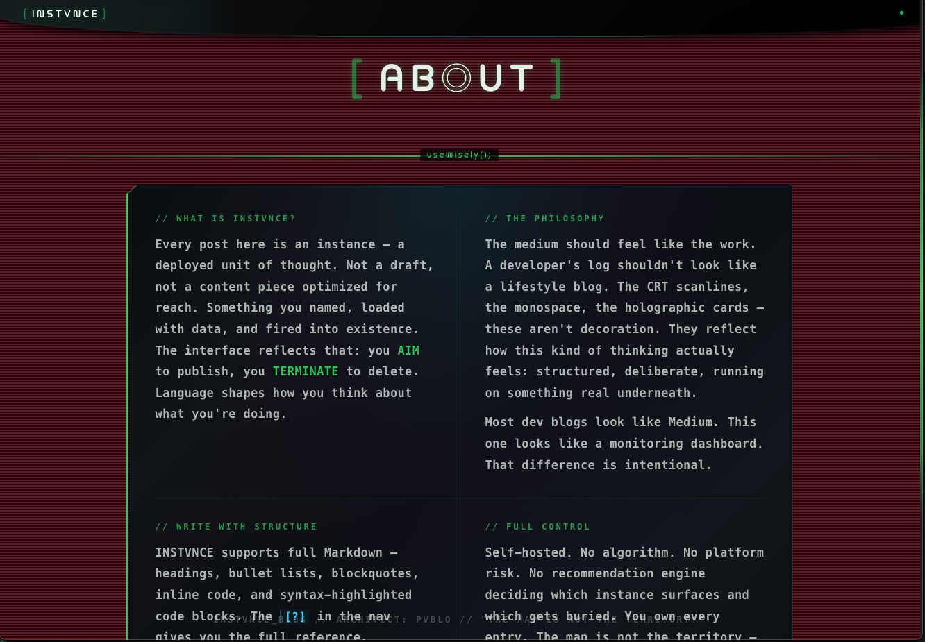 About page — 2×2 philosophy grid